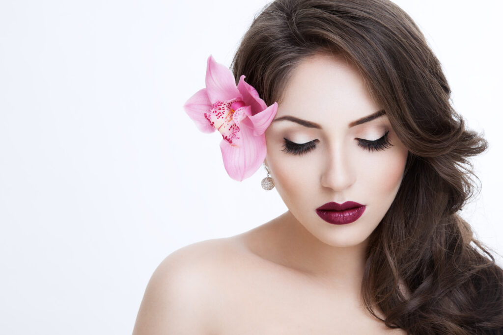 frontal portrait young fashion model with closed eyes make up